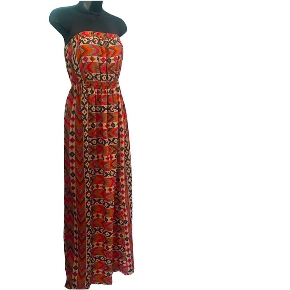 One Clothing Orange & Pink Aztec Print Strapless Maxi Dress Size Small